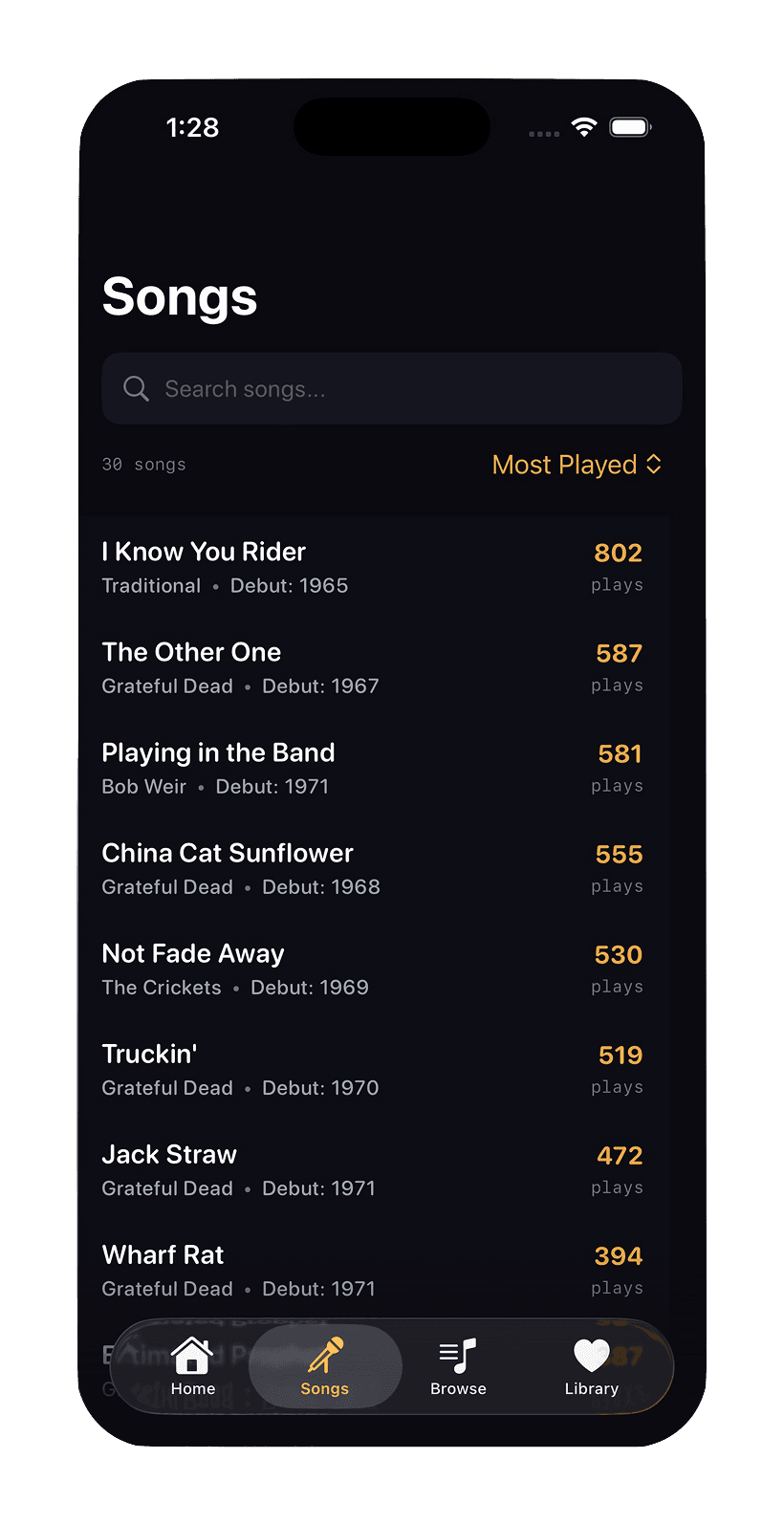 LiveVault songs browser