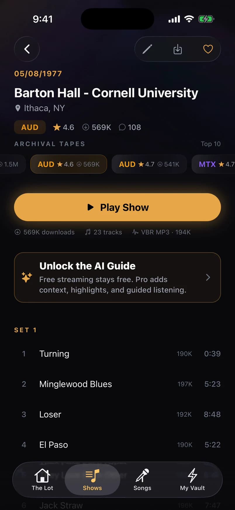 LiveVault show page with recording-source choices captured in release 1.2