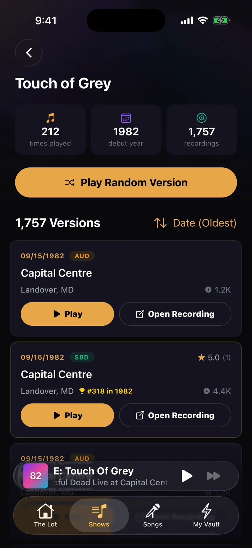 LiveVault player reached through the song browser in release 1.2